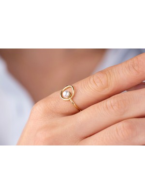 Onseva Kuyumculuk Ince Çerçeve Içinde Minimal Inci Yüzük 14 Ayar Altın