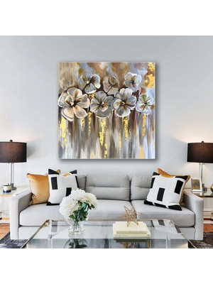 SML Tablo Beyaz Altın Çiçekler Yağlı Boya Efektli Kare Kanvas Tablo