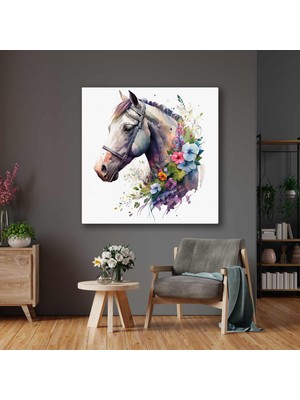 SML Tablo Beyaz At Etrafında Çiçekler Sulu Boya Efekti Kare Kanvas Tablo