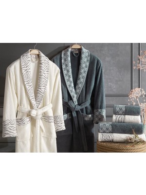 Dantela Premium Cotton Jakarlı Aile Bornoz Seti-Mery Krem Petrol