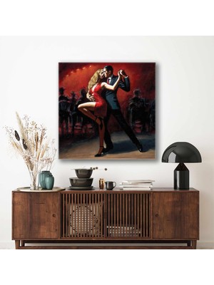 Tango Yapan Çift Dans Okulu Kırmızı Elbiseli Dansçı Aşk Kare Kanvas Tablo