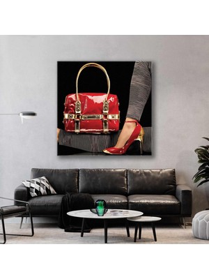 SML Tablo Kırmızı Gold Detaylı Çanta ve Ayakkabı Takımı Lüks Çanta Kare Kanvas Tablo