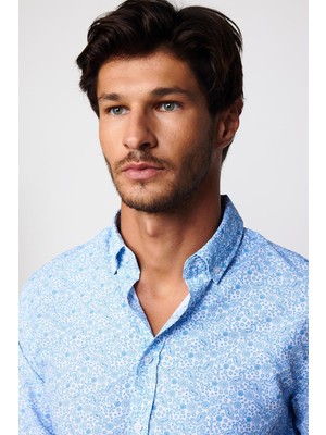 Tudors Slim Fit Uzun Kollu Baskılı Desenli Kolay Ütü Yaka Düğmeli Beyaz Gömlek