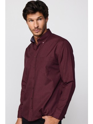 Tudors Erkek Regular Fit Klasik Kesim Düğmeli Yaka Küçük Kareli Pamuklu Bordo Gömlek