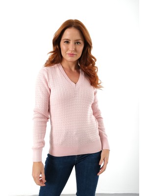 Trist Star Kadın Pembe %100 Organik Pamuk V Yaka Saç Örgülü Triko Kazak Örme Bluz TRIST-6155
