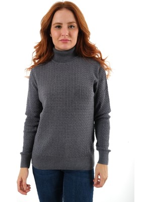 Trist Star Kadın Ink %100 Organik Pamuk Balıkçı Yaka Saç Örgülü Triko Kazak Örme Bluz TRIST-6156