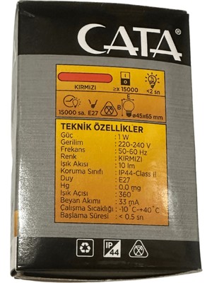 Cata CT-4071 1W Kırmızı Işık E27 Duylu Top Gece LED Ampul (2 Adet)