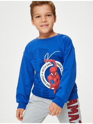 Koton Örümcek Adam Sweatshirt Lisanslı Uzun Kollu Bisiklet Yaka Şardonlu