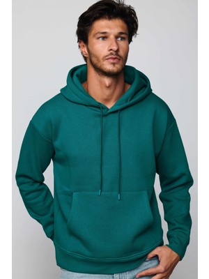 Unisex Oversize Geniş Kesim Pamuklu Yumuşak Dokulu İçi Polarlı Basic Yeşil Kapüşonlu Sweatshirt