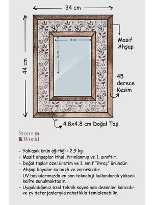 Stone World Masif Ahşap ve Desenli Mermerden Ayna - 065.1 - 34x44cm