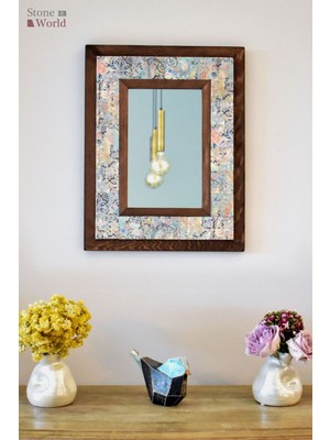 Stone World El Yapımı Masif Ahşap &  Desenli Mermer Çerçeveli Duvar Aynası - 043.1 - 34x44cm