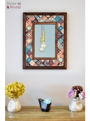 Stone World El Yapımı Masif Ahşap &  Desenli Mermer Çerçeveli Duvar Aynası - 015.1 - 34x44cm