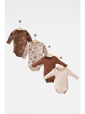 Babejix Bisiklet Yakalı  Pamuklu Sevimli Ayıcık Baskılı Kahverengi ve Basic Unisex Uzun Kollu Çıtçıtlı 4’lü Bebek Badi