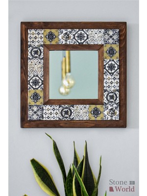 Stone World El Yapımı Masif Ahşap & Çiçek Patchwork Mermer Duvar Aynası – 34x34 cm | Model: 002.1