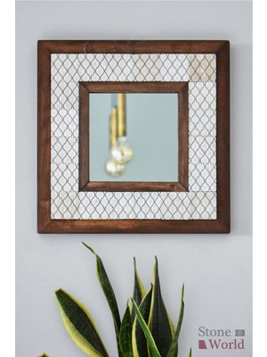 Stone World El Yapımı Masif Ahşap & Geometrik Desenli Mermer Duvar Aynası – 34x34 cm | Model: 007.1