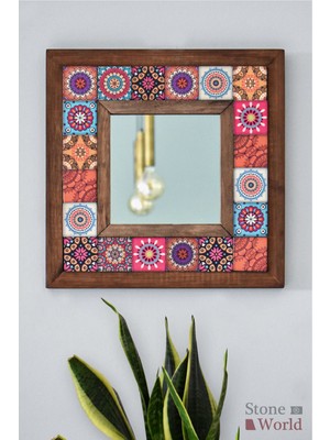 Stone World El Yapımı Masif Ahşap & Mandala Desenli Mermer Duvar Aynası – 34x34 cm | Model: 019.1