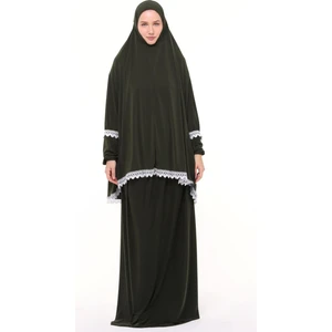 Kadın Iki Parça Likra Sandy Kumaş Dantelli Kollu Namaz Elbisesi-Haki
