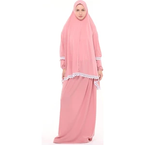 Kadın Iki Parça Likra Sandy Kumaş Dantelli Kollu Namaz Elbisesi-Pembe