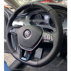 Volkswagen Caddy 2016 - 2019 Araca Özel Dikmeli Direksiyon Kılıfı (Nokta Karbon Gri Yüzüklü)