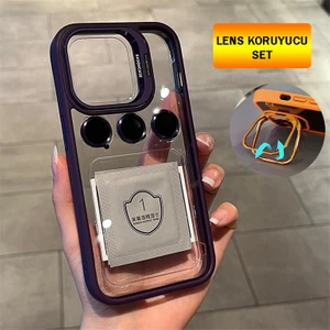 Apple iPhone 15 Pro Max Kılıf + Lens Koruyucu Stant Özellikli Kenarı Renkli Silikon Şeffaf