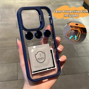 Apple iPhone 15 Pro Max Kılıf + Lens Koruyucu Stant Özellikli Kenarı Renkli Silikon Şeffaf