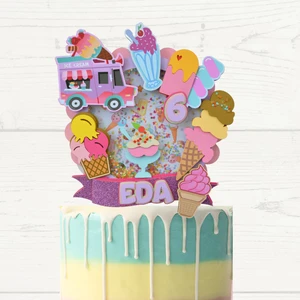 Cake Topper Dondurma Temalı Kız Çocuk Doğum Günü Süsü Dondurma Pasta Süsü Parti Malzemesi Cake Topper (19X21CM))