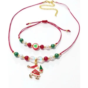 Funny Takı Çocuk ve Genç Için Termal Kuvars ve Renkli Inci Boncuklu Noel Baba ve Çam Ağacı Kolye Bileklik