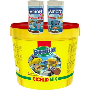 Cichlid Mix Granulat 3 kg Kova, Amore Elite Protein Garlic ve Protein Chips 250ML Kutu Balık Yemi