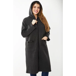 Kadın Büyük Beden Füme Ön Fermuarlı Kapşonlu Astarsız Suni Deri Garnili Kaban 65N37179