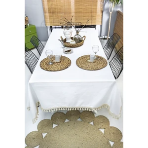 Beyaz Keten Ham Ponponlu Masa Örtüsü
