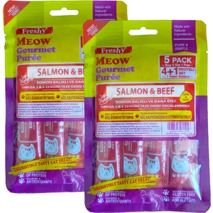 Meow Gourmet Krema Kedi Ödülü, Dana Etli ve Somonlu, Tahılsız, 5 Tüp Içeren 60 Gramlık Paket