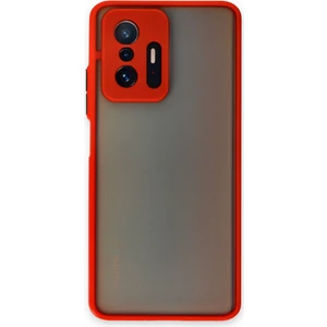Caseart Xiaomi Mi 11T Pro Kılıf Kamera Korumalı Silikon Kenarlı Renkli Düğmeli Arkası Mat Arka Kapak - Kırmızı