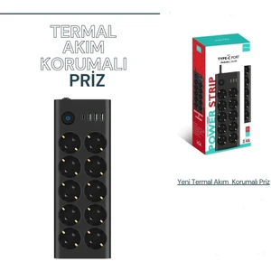 10'lu Priz, 3 x Usb, 3.4 Amper, 1 x Type-C Girişli 16A Akım Korumalı Uzatma Kablolu Priz Çoklayıcı