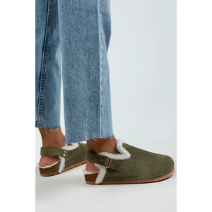 Holly Kürklü Kadın Hakiki Deri Kemerli Tokalı Kürklü Haki Süet Sandalet