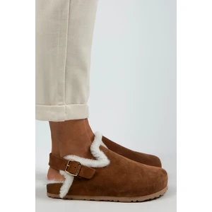 Holly Kürklü Kadın Hakiki Deri Kemerli Tokalı Kürklü Taba Süet Sandalet