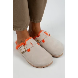 Zeta Kürklü Kadın Hakiki Deri Kemerli Tokalı Renkli Kürklü Bej Turuncu Terlik