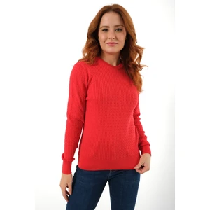 Trist Star Kadın Kırmızı  %100 Organik Pamuk Bisiklet Yaka Saç Örgülü Triko Kazak Örme Bluz TRIST-6154