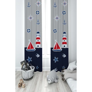 Mekta Home Bebek ve Çocuk Odası Denizci Desenli Lacivert Gri 2 Kanat Fon Perde