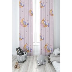 Mekta Home Bebek ve Çocuk Odası Aya Sarılan Unicorn Desenli Pembe 2 Kanat Fon Perde