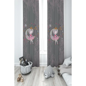 Mekta Home Bebek ve Çocuk Odası Ayda Oturan Kız Pembe Motifli Gri 2 Kanat Fon Perde