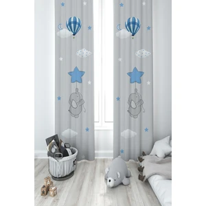 Mekta Home Bebek ve Çocuk Odası Mavi Yıldızlı Fil Desenli 2 Kanat Fon Perde