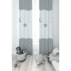 Mekta Home Bebek ve Çocuk Odası Yıldız ve Ay Desenli Çerçeveli 2 Kanat Fon Perde