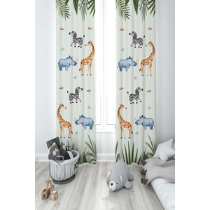 Mekta Home Bebek ve Çocuk Odası Safari Hayvanlar Yapraklar Desenli 2 Kanat Fon Perde