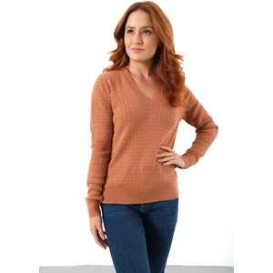 Trist Star Kadın Kiremit %100 Organik Pamuk V Yaka Saç Örgülü Triko Kazak Örme Bluz TRIST-6155