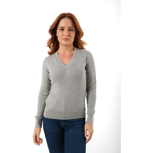 Trist Star Kadın Gri %100 Organik Pamuk V Yaka Saç Örgülü Triko Kazak Örme Bluz TRIST-6155