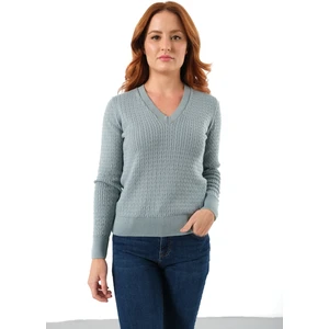 Trist Star Kadın Petrol %100 Organik Pamuk V Yaka Saç Örgülü Triko Kazak Örme Bluz TRIST-6155