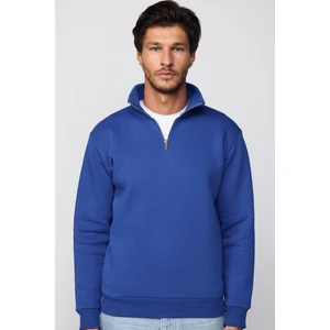 Unisex Relax Fit Rahat Kesim Pamuklu İçi Polarlı Yarım Fermuarlı Sax Mavi Dik Yaka Sweatshirt