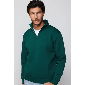 Unisex Relax Fit Rahat Kesim Pamuklu İçi Polarlı Yarım Fermuarlı Haki Dik Yaka Sweatshirt