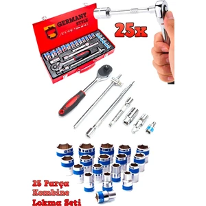 Germany Style 1/2 25 Parça Cırcırlı Kombile Lokma Takımı Cr-V Çelik Lokma Seti