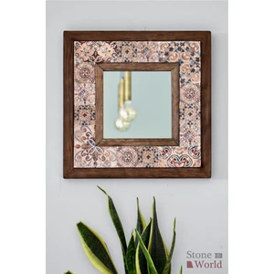 Stone World El Yapımı Masif Ahşap & Vintage Desenli Mermer Duvar Aynası – 34x34 cm | Model: 005.1